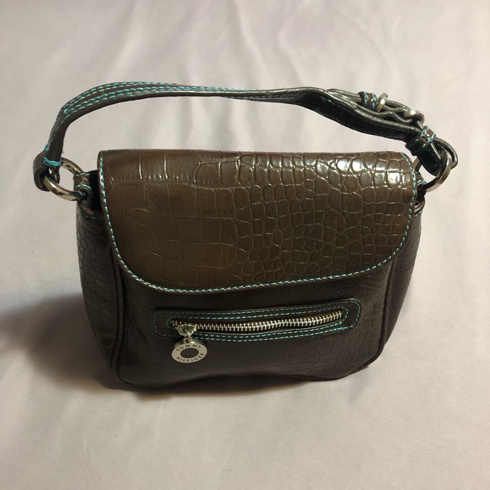 Tommy Hilfiger Faux Croc Top Handle w/ blue stitching detail